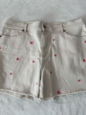 Loft Popcorn Cream Embroidered Pink Stars High Rise The Cut Off Short Sz 14 CT1